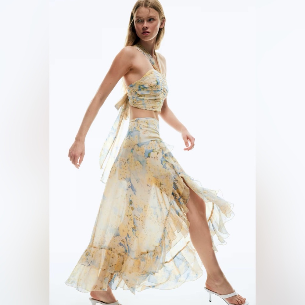 H&M LIGHT YELLOW FLORAL FLOUNCE-TRIMMED SKIRT SISE 4
